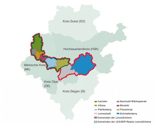 Übersichtskarte der Regionen, die zur LenneSchiene gehören